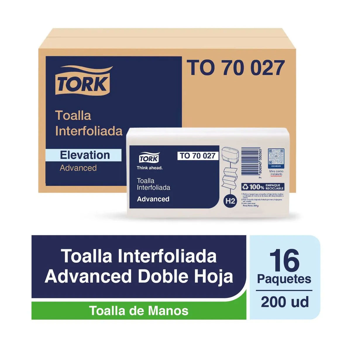 Toalla Interfoliada Tork Advanced Doble Hoja (16 packs x 200 unidades)