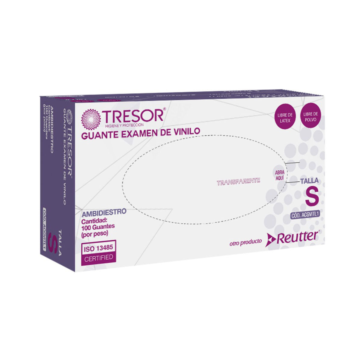 Guante de Vinilo de Examinación Blanco sin Polvo Tresor Tallas S, M, L (caja 100 unidades)