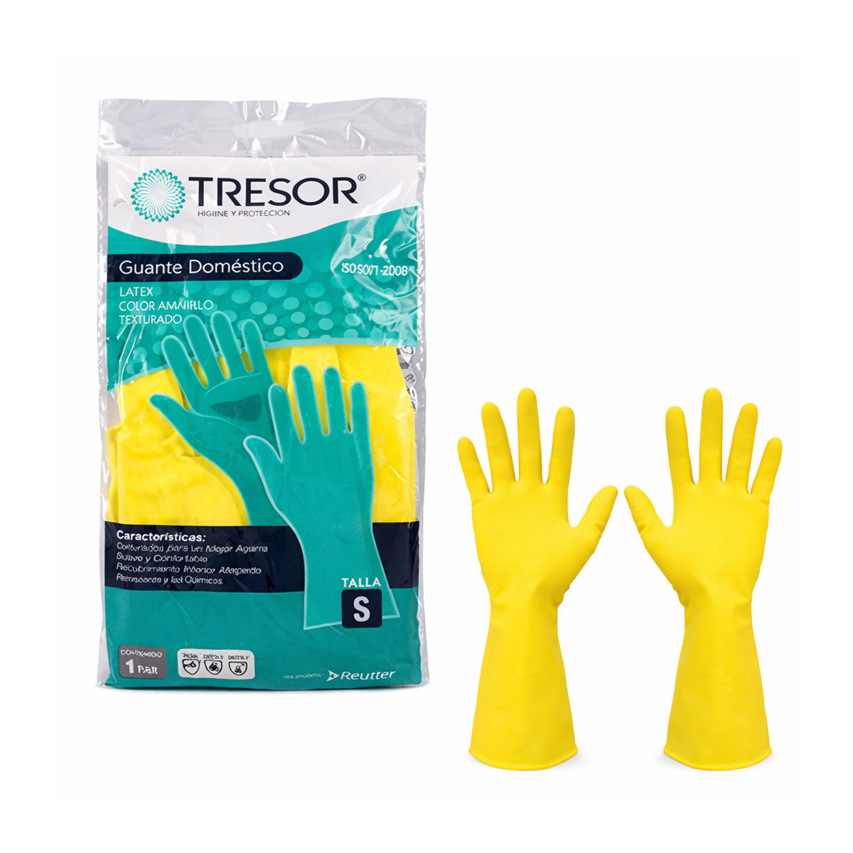 Guante de Látex Doméstico Amarillo Tresor Tallas S, M, L, XL (1 par)