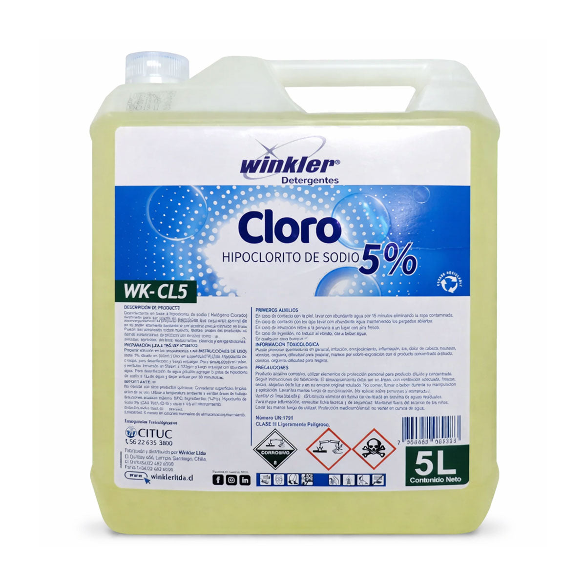 Cloro Hipoclorito de Sodio al 5% (5 litros) WINKLER WK-CL5